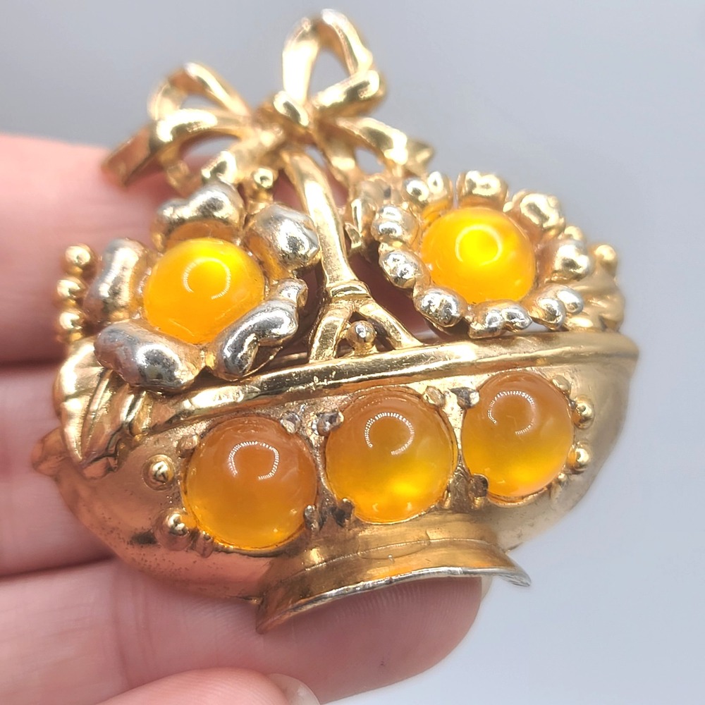 Vintage Coro Brooch Moon‎ Glow Flower Basket Bow Orange Signed READ
